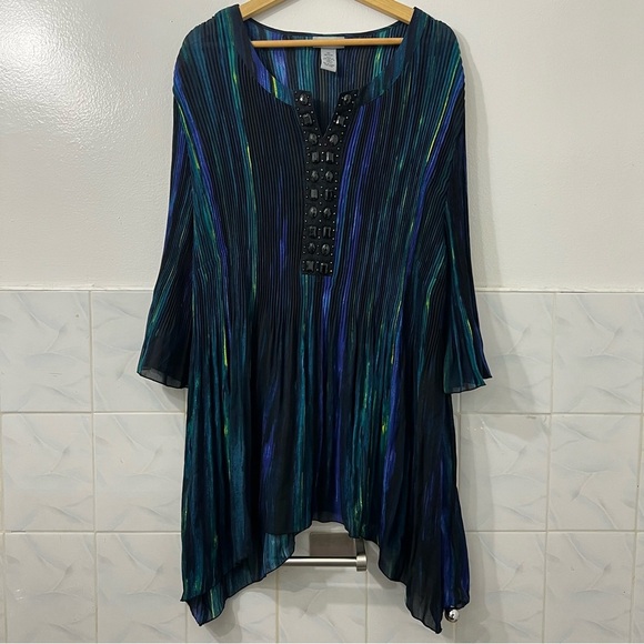 Catherines 4XL Colorful Embellished Abstract Artsy 3/4 Sleeve Crinkle Tunic Top - Picture 1 of 8